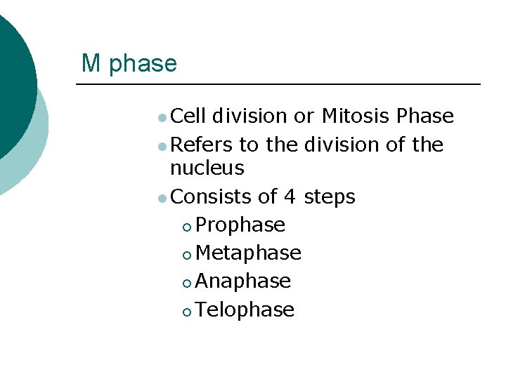 M phase l Cell division or Mitosis Phase l Refers to the division of