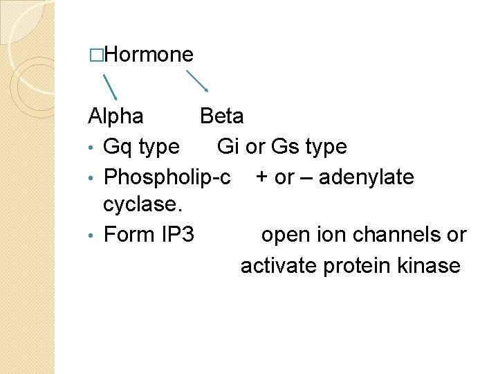 �Hormone Alpha Beta • Gq type Gi or Gs type • Phospholip-c + or �Hormone Alpha Beta • Gq type Gi or Gs type • Phospholip-c + or