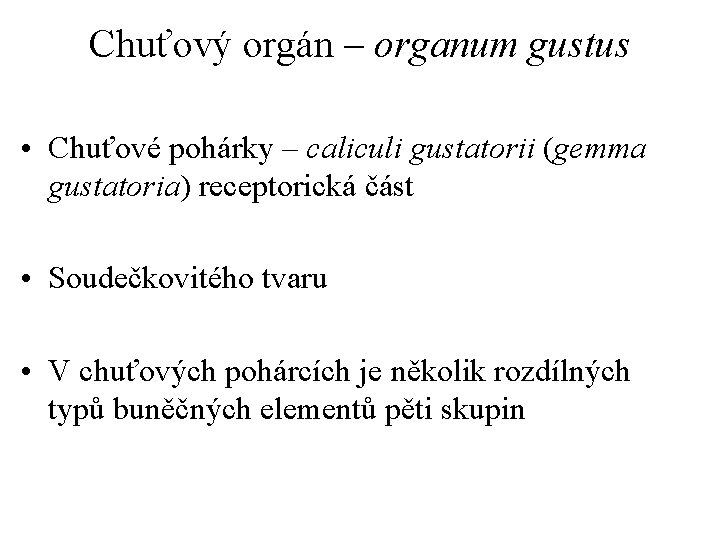 Chuťový orgán – organum gustus • Chuťové pohárky – caliculi gustatorii (gemma gustatoria) receptorická
