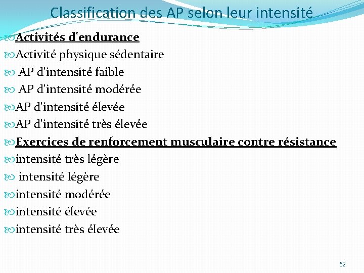 Classification des AP selon leur intensité Activités d'endurance Activité physique sédentaire AP d'intensité faible