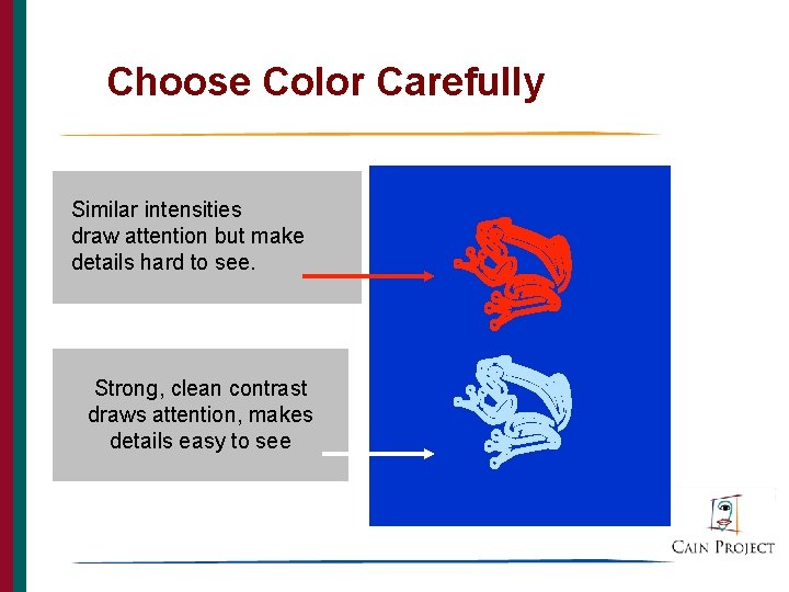 Choose Color Carefully Similar intensities draw attention but make details hard to see. Strong,