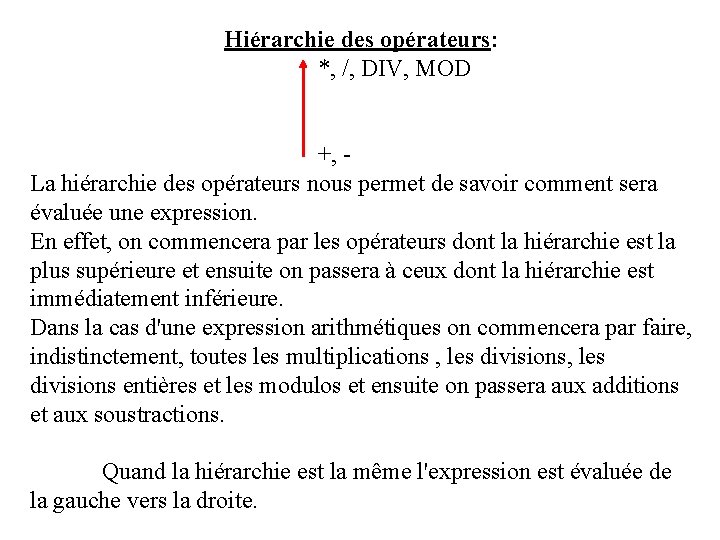 Hiérarchie des opérateurs: *, /, DIV, MOD +, La hiérarchie des opérateurs nous permet