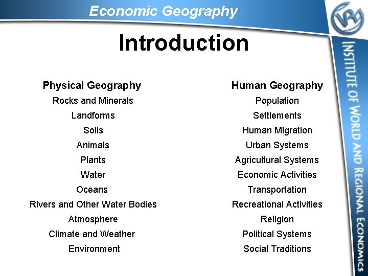 Economic Geography Introduction Physical Geography Human Geography Rocks and Minerals Population Landforms Settlements Soils