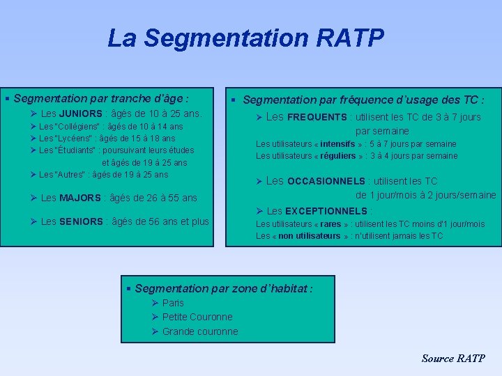 La Segmentation RATP § Segmentation par tranche d'âge : Ø Les JUNIORS : âgés