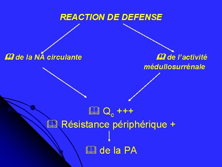 REACTION DE DEFENSE de la NA circulante de l’activité médullosurrénale Qc +++ Résistance périphérique REACTION DE DEFENSE de la NA circulante de l’activité médullosurrénale Qc +++ Résistance périphérique