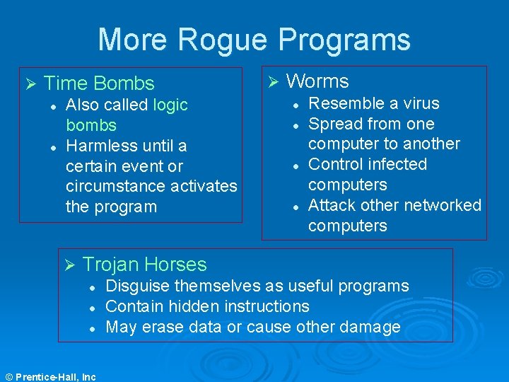 More Rogue Programs Ø Time Bombs l l Also called logic bombs Harmless until More Rogue Programs Ø Time Bombs l l Also called logic bombs Harmless until