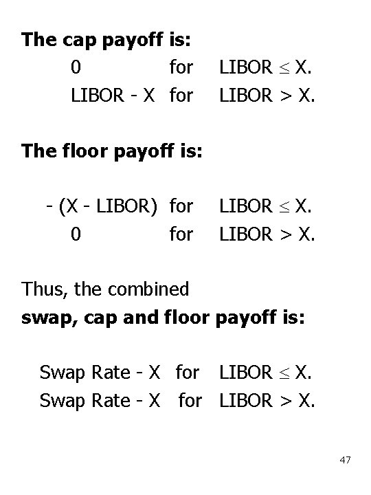 The cap payoff is: 0 for LIBOR - X for LIBOR X. LIBOR >