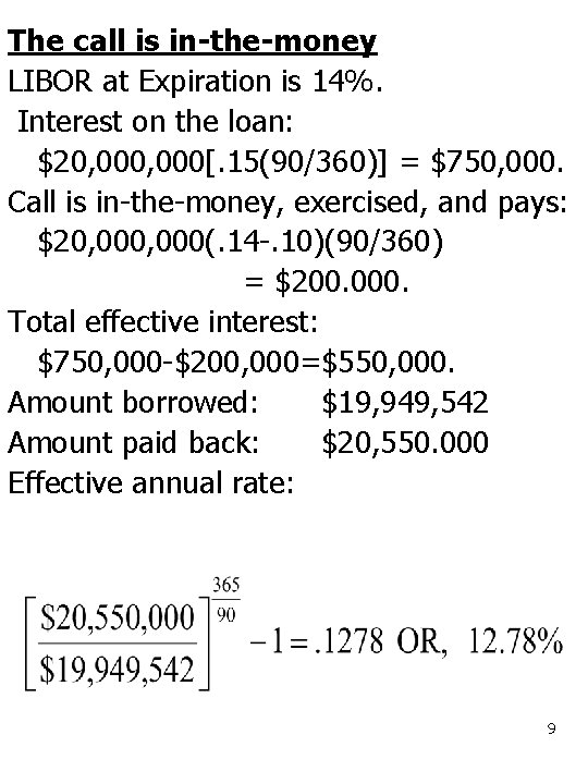 The call is in-the-money LIBOR at Expiration is 14%. Interest on the loan: $20,