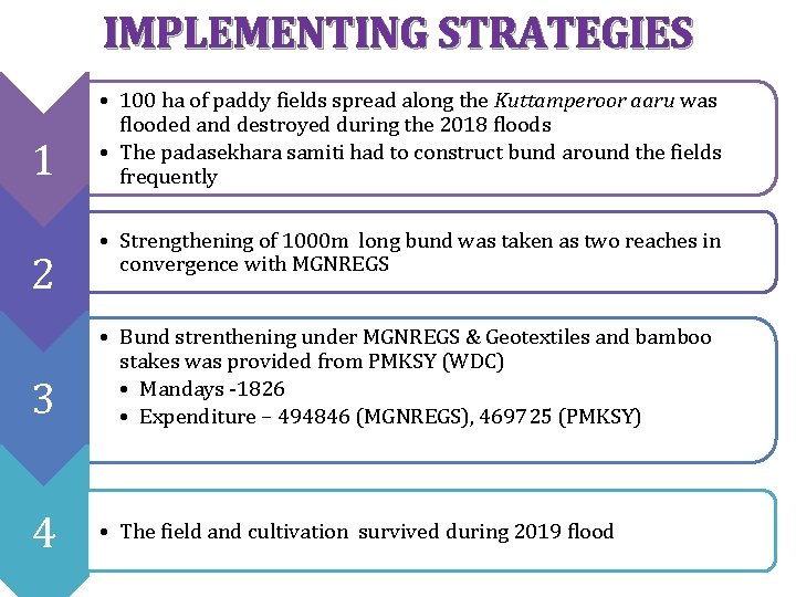 IMPLEMENTING STRATEGIES 1 2 3 4 • 100 ha of paddy fields spread along