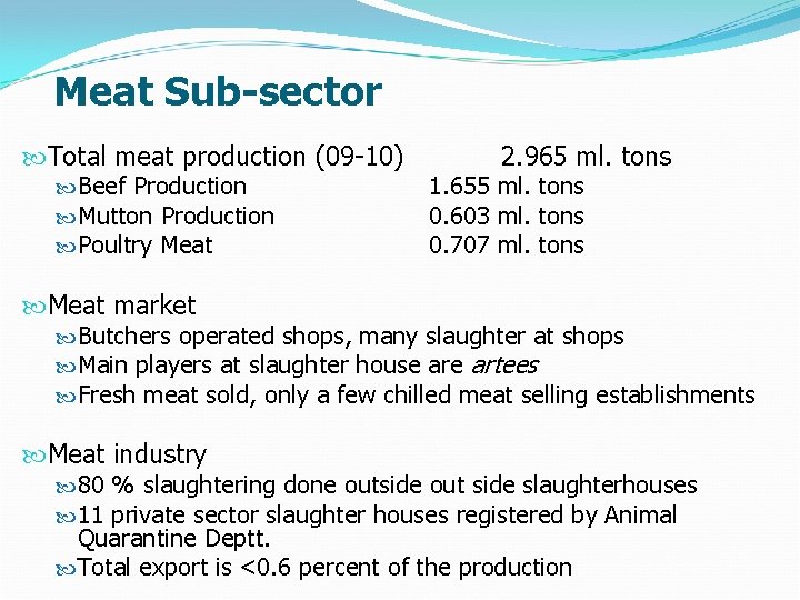Meat Sub-sector Total meat production (09 -10) Beef Production Mutton Production Poultry Meat 2.