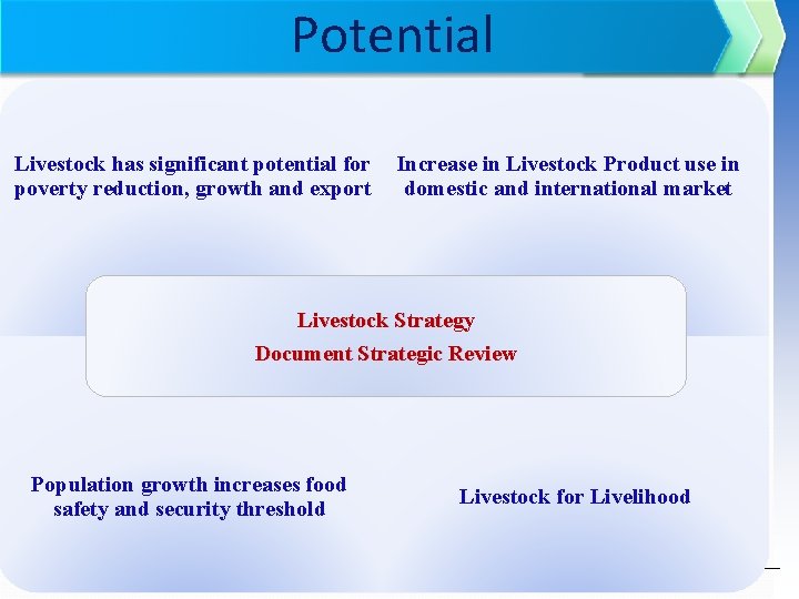 Potential Livestock has significant potential for poverty reduction, growth and export Increase in Livestock