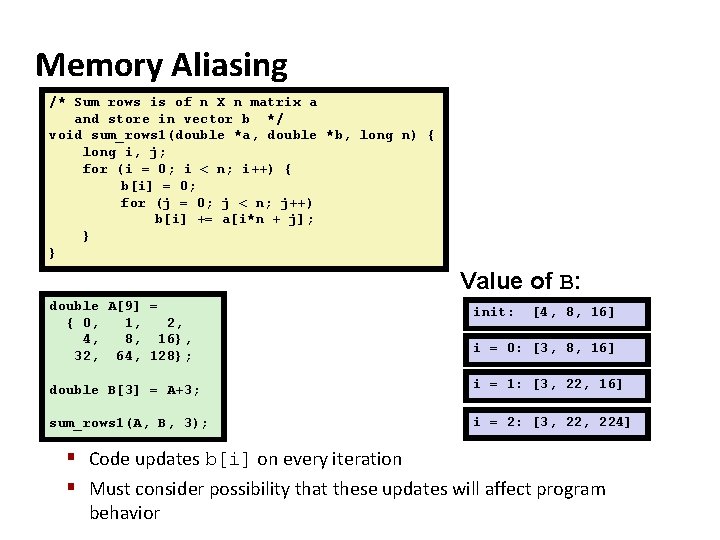 Memory Aliasing /* Sum rows is of n X n matrix a and store