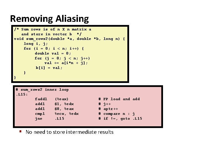 Removing Aliasing /* Sum rows is of n X n matrix a and store