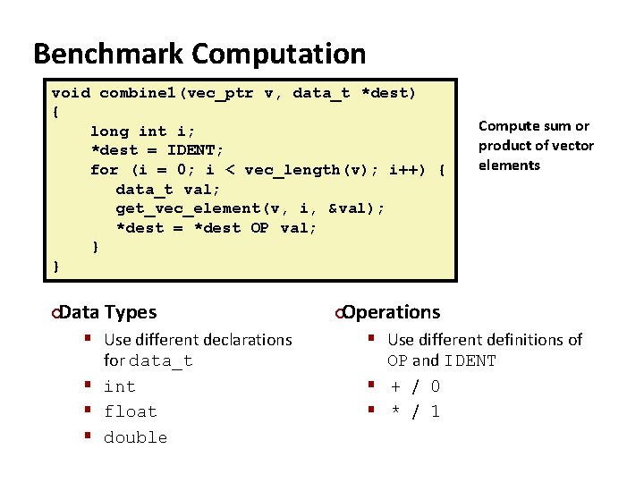 Benchmark Computation void combine 1(vec_ptr v, data_t *dest) { long int i; *dest =