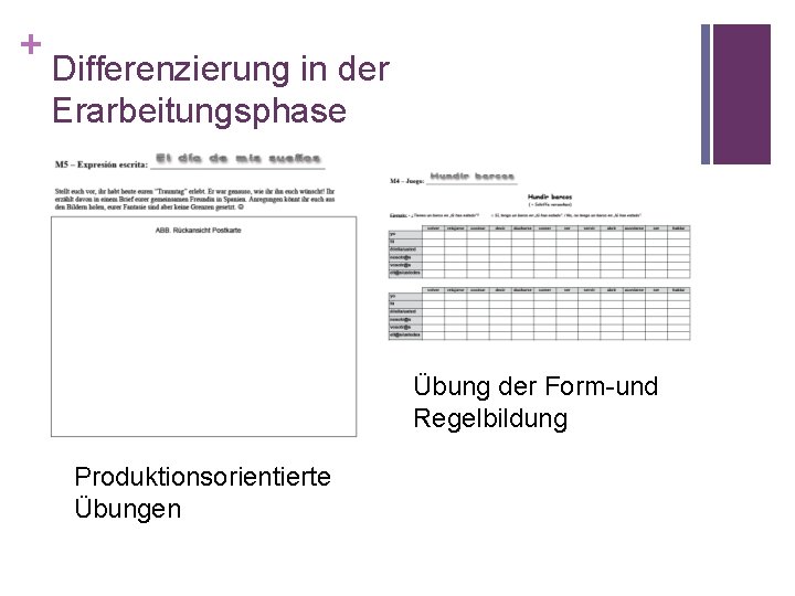 + Differenzierung in der Erarbeitungsphase Übung der Form-und Regelbildung Produktionsorientierte Übungen 