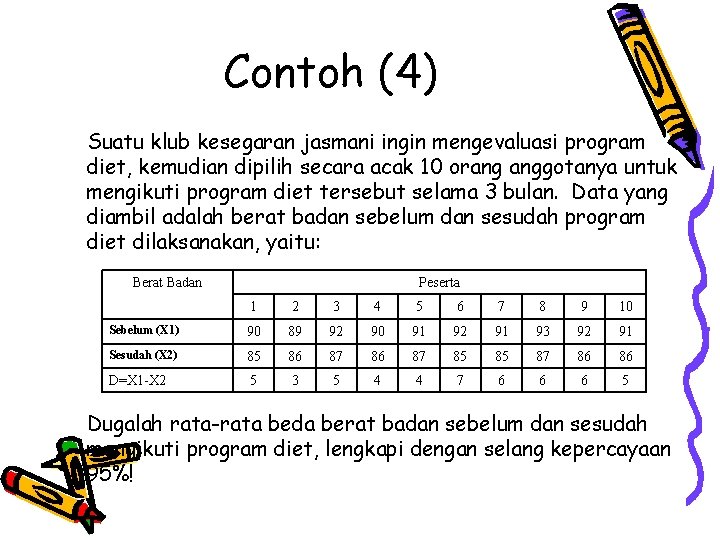 Contoh (4) Suatu klub kesegaran jasmani ingin mengevaluasi program diet, kemudian dipilih secara acak