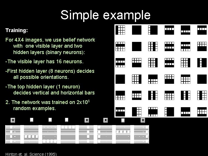 Simple example Training: For 4 X 4 images, we use belief network with one