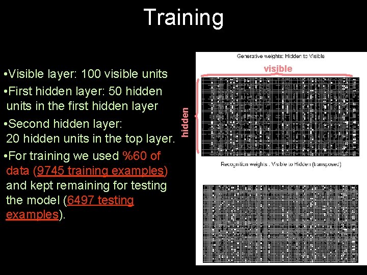 Training visible hidden • Visible layer: 100 visible units • First hidden layer: 50