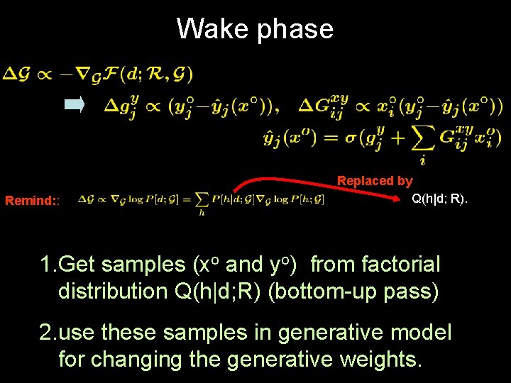 Wake phase Remind: : Replaced by Q(h|d; R). 1. Get samples (xo and yo)