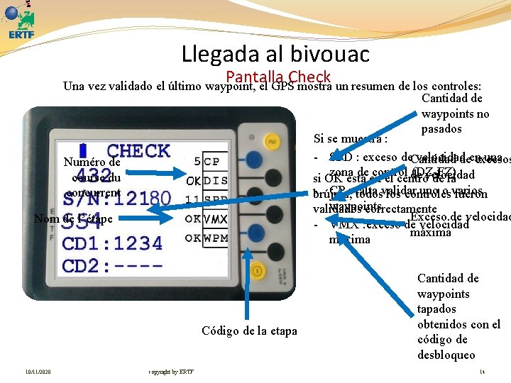 Llegada al bivouac Pantalla Check Una vez validado el último waypoint, el GPS mostra