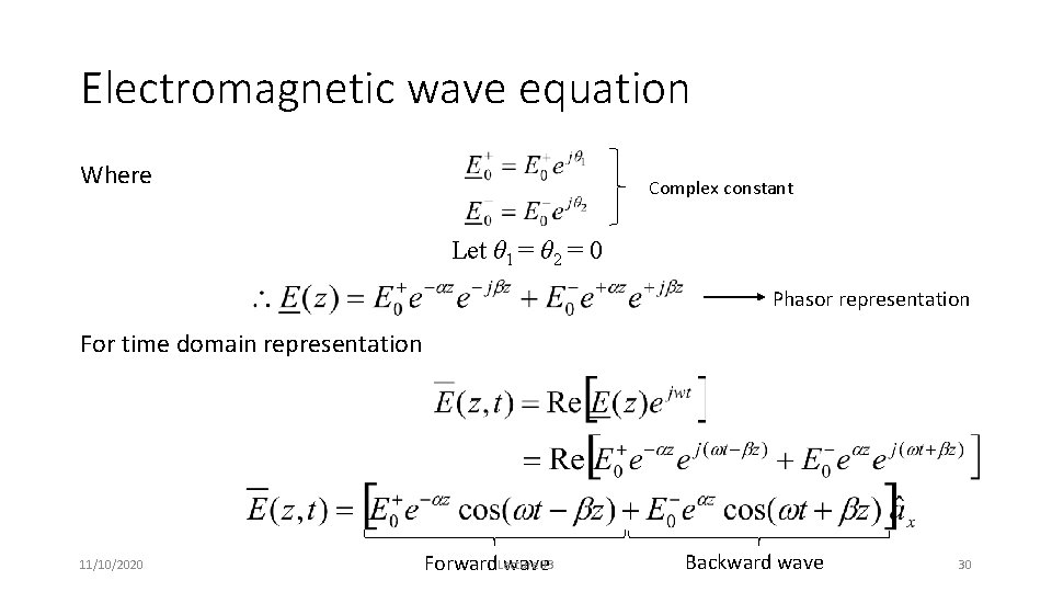 Electromagnetic wave equation Where Complex constant Let θ 1 = θ 2 = 0