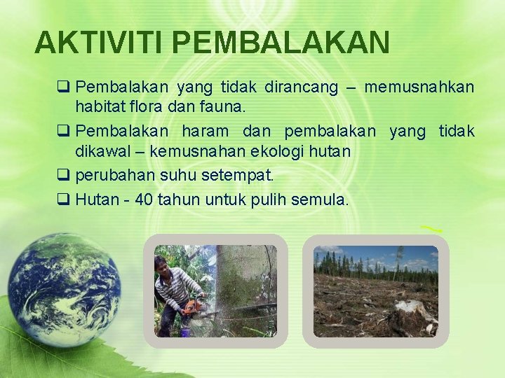 AKTIVITI PEMBALAKAN q Pembalakan yang tidak dirancang – memusnahkan habitat flora dan fauna. q