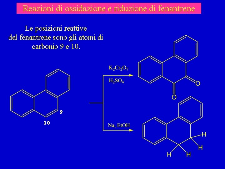 Reazioni di ossidazione e riduzione di fenantrene Le posizioni reattive del fenantrene sono gli