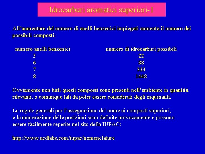 Idrocarburi aromatici superiori-1 All’aumentare del numero di anelli benzenici impiegati aumenta il numero dei