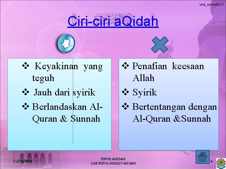 una_ucena 2010 Ciri-ciri a. Qidah v Keyakinan yang teguh v Jauh dari syirik v