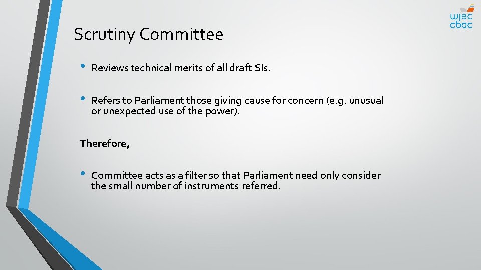 Scrutiny Committee • Reviews technical merits of all draft SIs. • Refers to Parliament