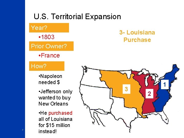 U. S. Territorial Expansion Year? • 1803 Prior Owner? • France 3 - Louisiana