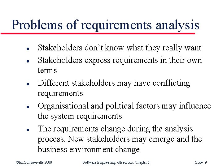 Problems of requirements analysis l l l Stakeholders don’t know what they really want