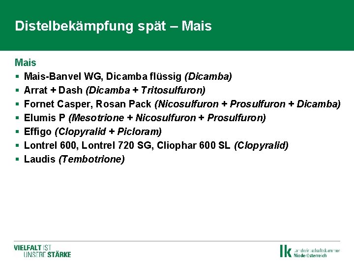 Distelbekämpfung spät – Mais § Mais-Banvel WG, Dicamba flüssig (Dicamba) § Arrat + Dash