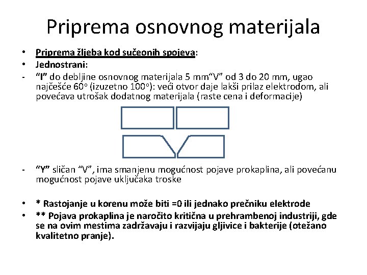 Priprema osnovnog materijala • Priprema žljeba kod sučeonih spojeva: • Jednostrani: - “I” do