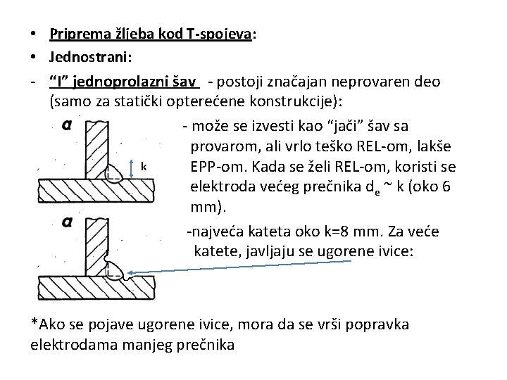  • Priprema žljeba kod T-spojeva: • Jednostrani: - “I” jednoprolazni šav - postoji