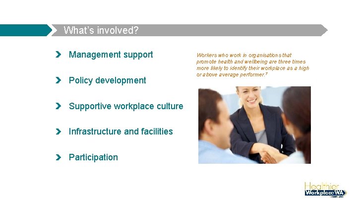 What’s involved? Management support Policy development Supportive workplace culture Infrastructure and facilities Participation Workers