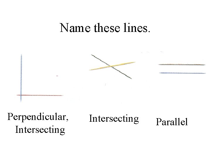 Name these lines. Perpendicular, Intersecting Parallel 