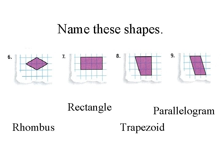 Name these shapes. Rectangle Rhombus Parallelogram Trapezoid 