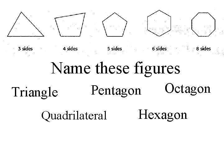 Name these figures Triangle Pentagon Quadrilateral Octagon Hexagon 