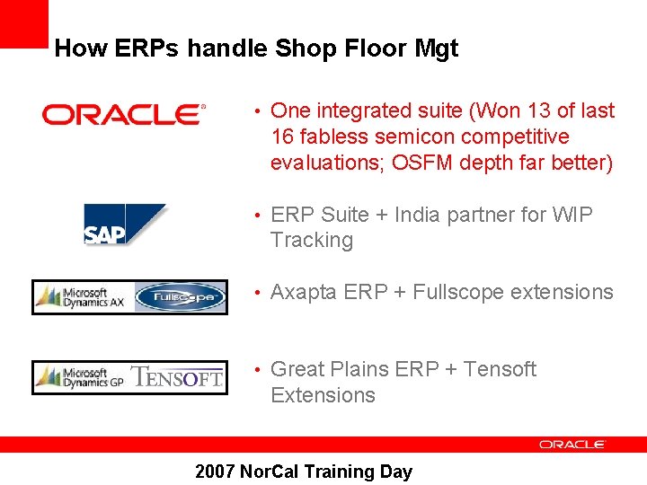 How ERPs handle Shop Floor Mgt • One integrated suite (Won 13 of last