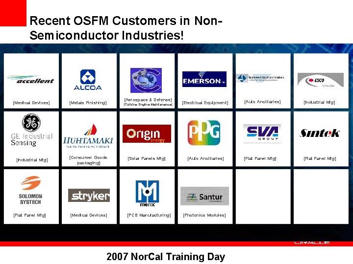 Recent OSFM Customers in Non. Semiconductor Industries! [Aerospace & Defense] [Medical Devices] [Metals Finishing]