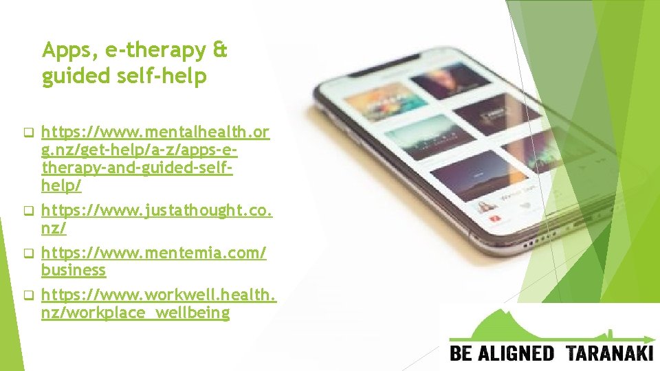 Apps, e-therapy & guided self-help https: //www. mentalhealth. or g. nz/get-help/a-z/apps-etherapy-and-guided-selfhelp/ q https: //www.