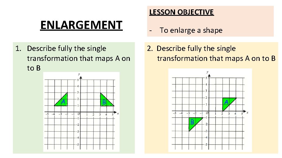 ENLARGEMENT 1. Describe fully the single transformation that maps A on to B LESSON