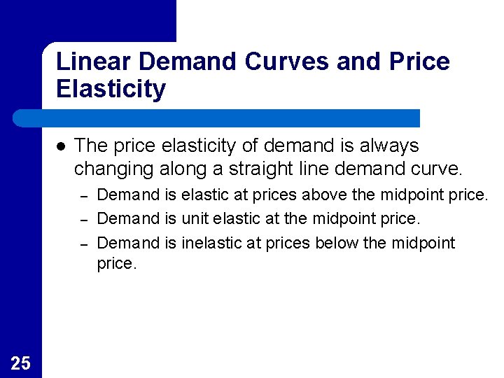 Linear Demand Curves and Price Elasticity l The price elasticity of demand is always