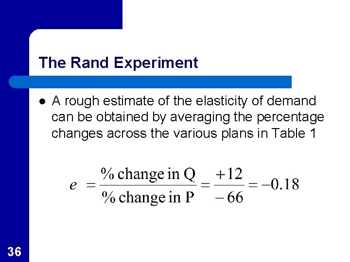 The Rand Experiment l 36 A rough estimate of the elasticity of demand can