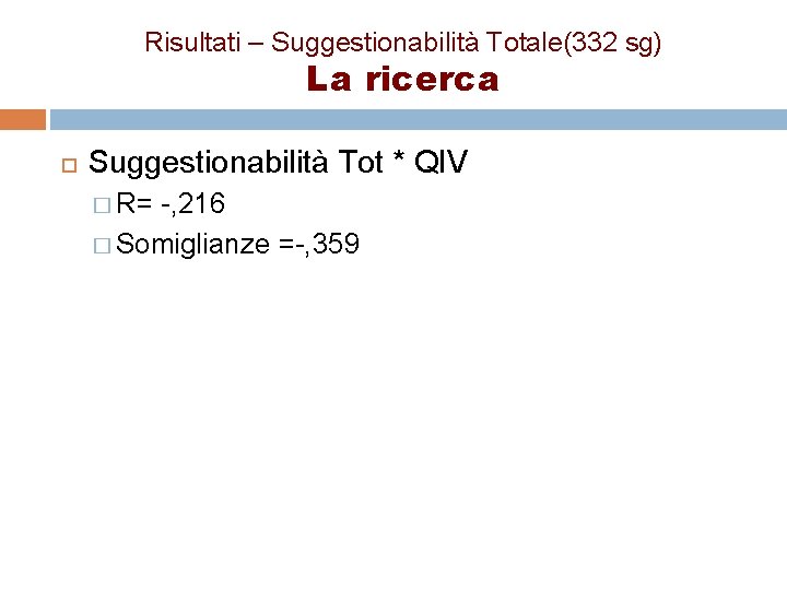 Risultati – Suggestionabilità Totale(332 sg) La ricerca Suggestionabilità Tot * QIV � R= -,