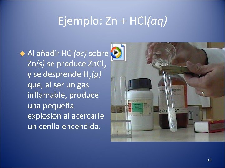 Ejemplo: Zn + HCl(aq) Al añadir HCl(ac) sobre Zn(s) se produce Zn. Cl 2
