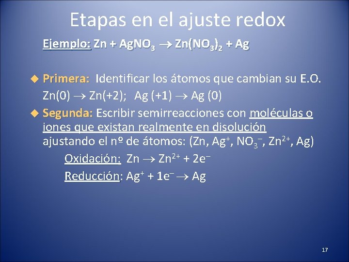 Etapas en el ajuste redox Ejemplo: Zn + Ag. NO 3 Zn(NO 3)2 +