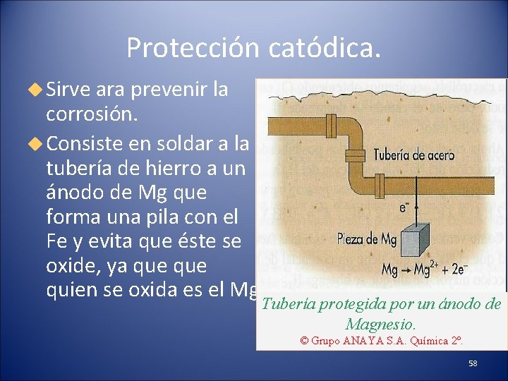 Protección catódica. Sirve ara prevenir la corrosión. Consiste en soldar a la tubería de