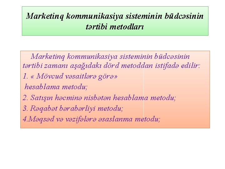 Marketinq kommunikasiya sisteminin büdcəsinin tərtibi metodları Marketinq kommunikasiya sisteminin büdcəsinin tərtibi zamanı aşağıdakı dörd